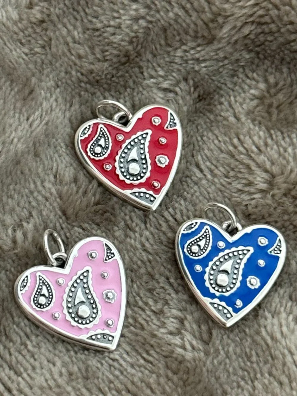 Enamel Western Bandana Heart Charm Sterling Silver Dangle